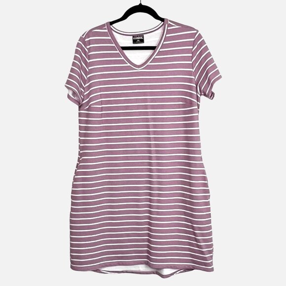 Womens 32 Degrees Cool Dress w/ Pockets Comfy Striped Short Sleeve V-Neck Sz L - Picture 1 of 14